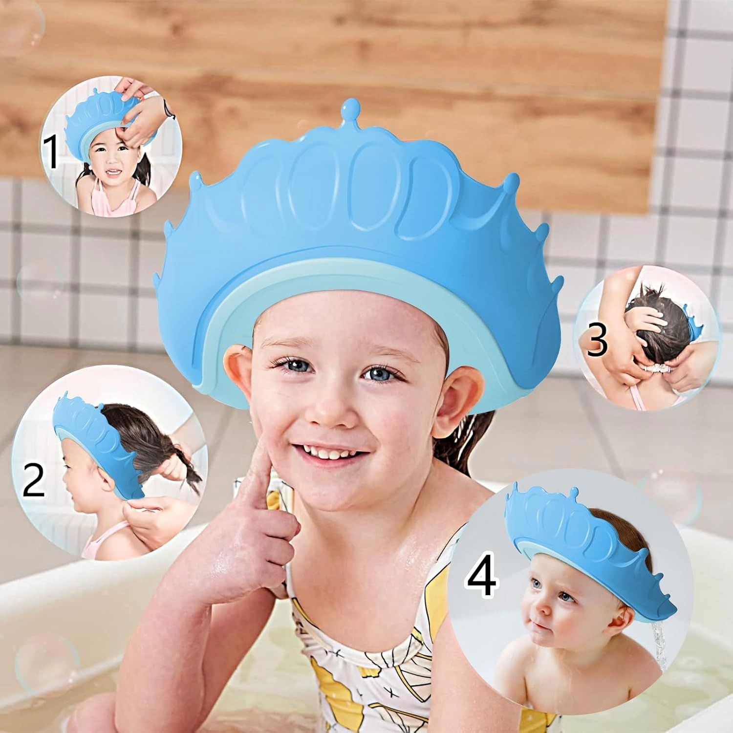 Articole pentru baie - Viziera de Protectie Baie Pentru Copii, Fippy, Model Coronita, Dimensiune ajustabila, Durabil, Usor de curatat, Impotriva Samponului, pentru Ochi si Urechi, TPE+PP, 24x22 cm, Albastru