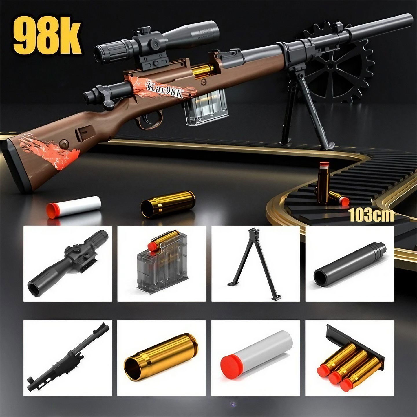 Pusca de Jucarie 98K Ultrarealista, Flippy, Manuala, cu Luneta, 10 de Proiectile din Spuma Moale, 5 Cartuse, 103 cm, 14 ani+, Maro [3]