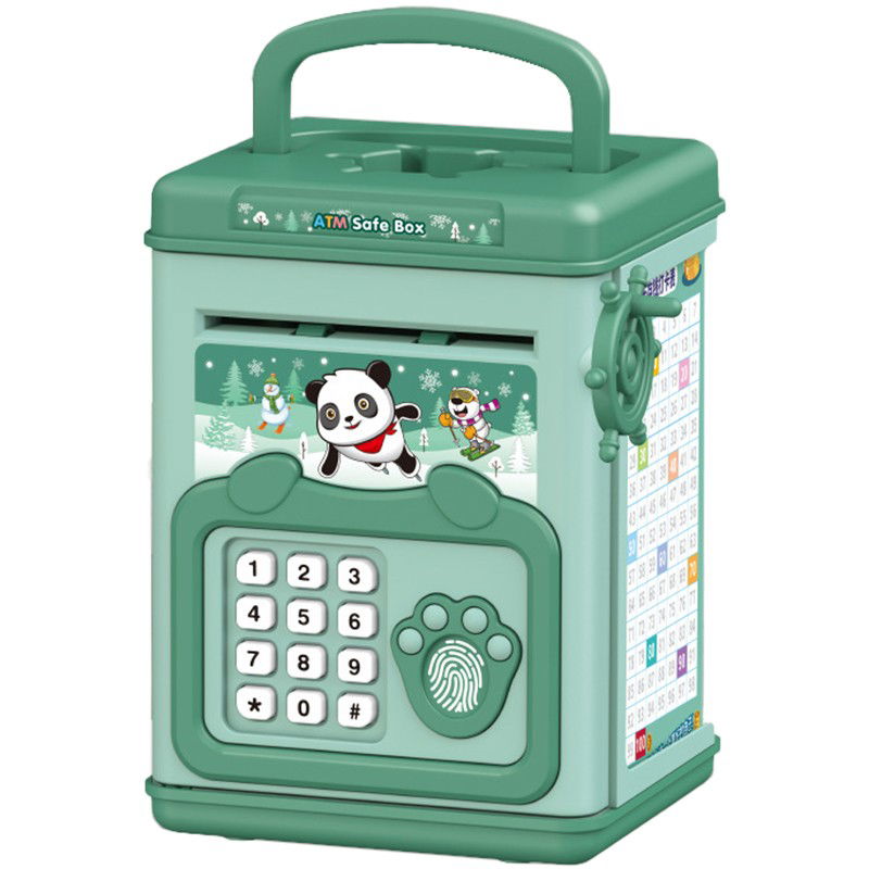 Jucarii si Jocuri - Pusculita pentru Copii, Flippy, pusculita pentru economii SMART BOX cu efecte sonore, Tip ATM, cu Parola cu Amprenta, din plastic, 20 x 13.5 x 11.5 cm Verde