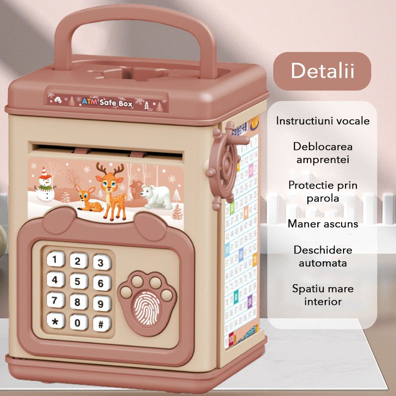 Jucarii si Jocuri - Pusculita pentru Copii, Flippy, pusculita pentru economii SMART BOX cu efecte sonore, Tip ATM, cu Parola cu Amprenta, din plastic, 20 x 13.5 x 11.5 cm Roz