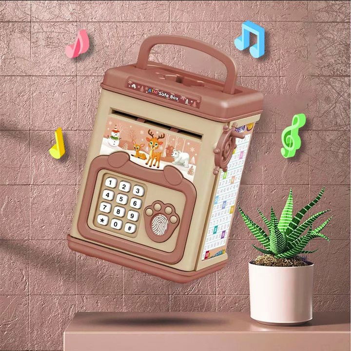 Pusculita pentru Copii, Flippy, pusculita pentru economii SMART BOX cu efecte sonore, Tip ATM, cu Parola cu Amprenta, din plastic, 20 x 13.5 x 11.5 cm Roz [3]