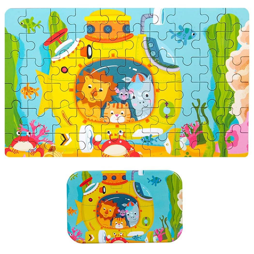 Puzzle 60 de Piese din Lemn in Cutie Metalica, Flippy, Model Submarin, Educativ, Dezvoltare Abilitati Cognitive, pentru Prescolari, 22.5x13.5 cm, Multicolor [4]