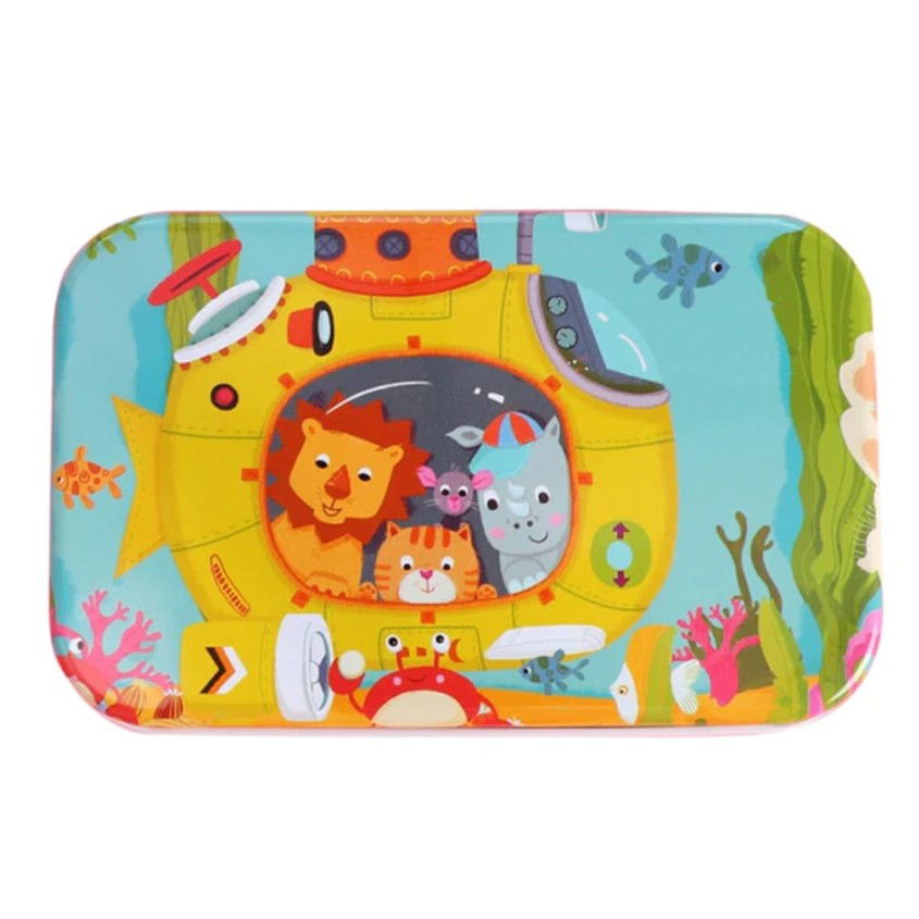 Puzzle 60 de Piese din Lemn in Cutie Metalica, Flippy, Model Submarin, Educativ, Dezvoltare Abilitati Cognitive, pentru Prescolari, 22.5x13.5 cm, Multicolor [7]