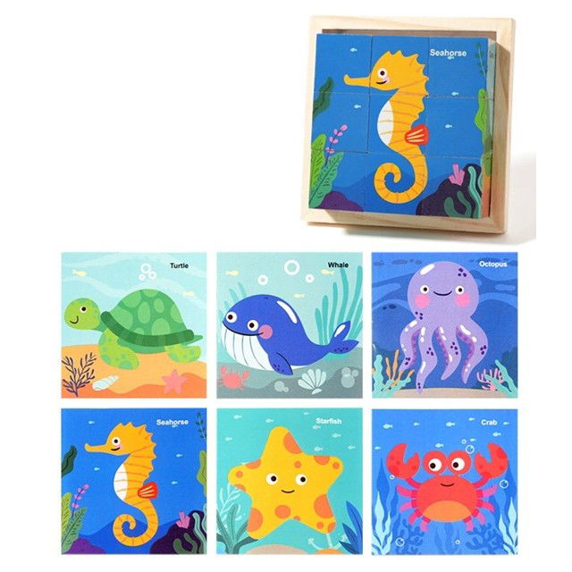 Jucarii - Puzzle din Lemn, Flippy, 9 Cuburi, 6 Fete, 4-6 Ani, 11 x 11 x 3.2 cm, Model Animale Marine, Multicolor