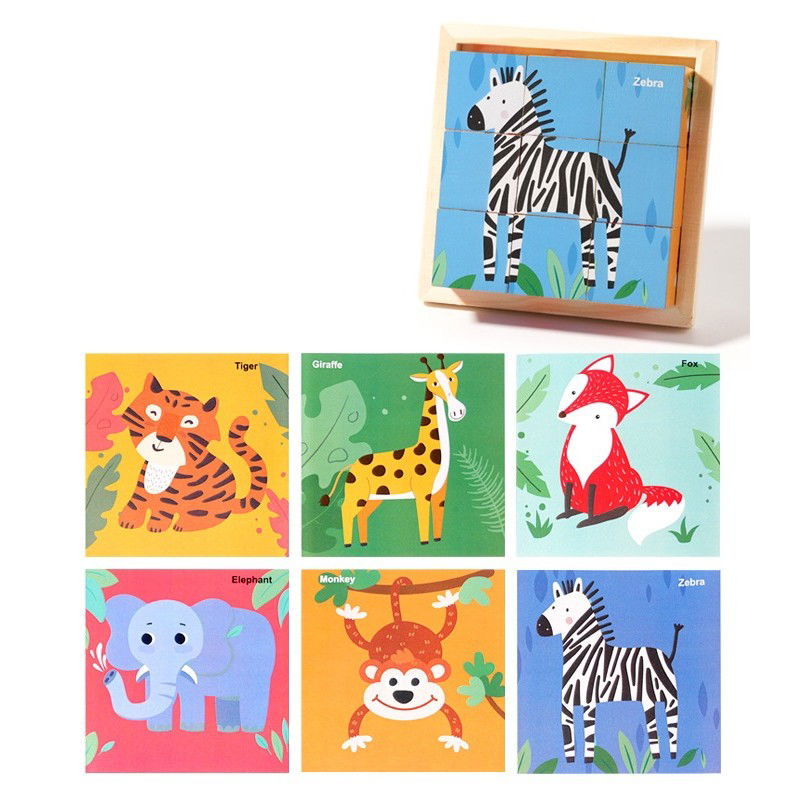 Jucarii - Puzzle din Lemn, Flippy, 9 Cuburi, 6 Fete, 4-6 Ani, 11 x 11 x 3.2 cm, Model Animale Salbatice, Multicolor