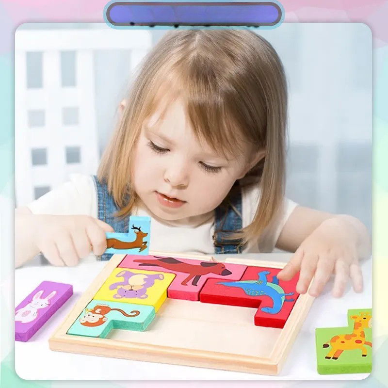 Puzzle din Lemn Flippy, Tip Tetris, +4 Ani, cu Animale Colorate 3D, 7 Piese, Multicolor [3]