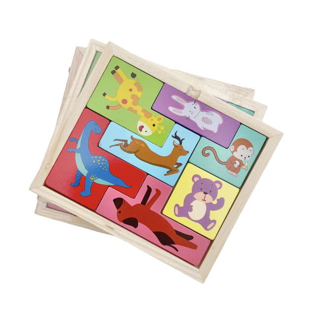 Puzzle din Lemn Flippy, Tip Tetris, +4 Ani, cu Animale Colorate 3D, 7 Piese, Multicolor [1]