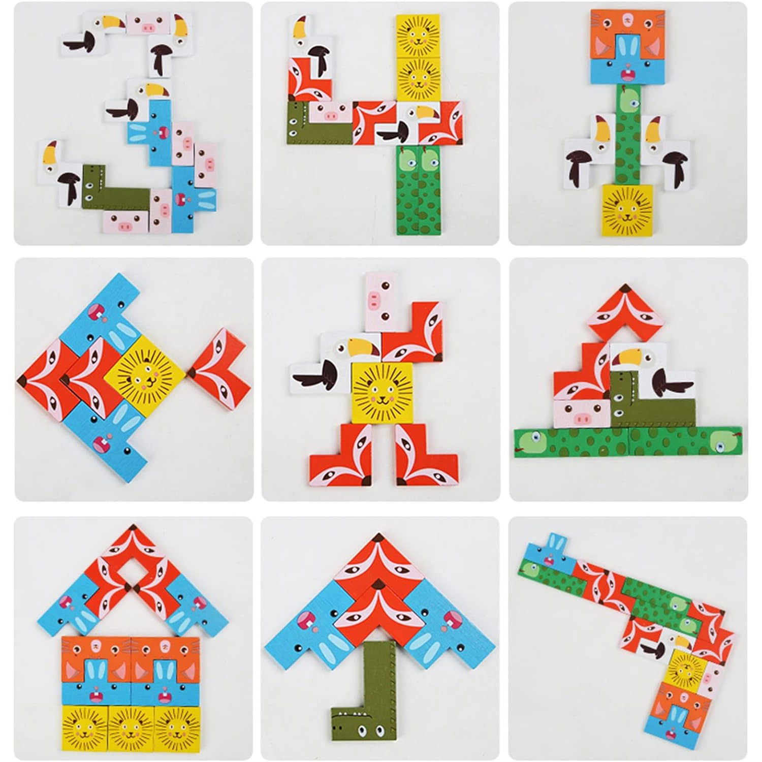 Jucarii din lemn - Puzzle din Lemn Flippy, Tip Tetris, +4 Ani, cu Animale Colorate 3D, 40 Piese, Multicolor