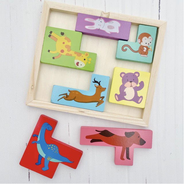Jucarii din lemn - Puzzle din Lemn Flippy, Tip Tetris, +4 Ani, cu Animale Colorate 3D, 7 Piese, Multicolor