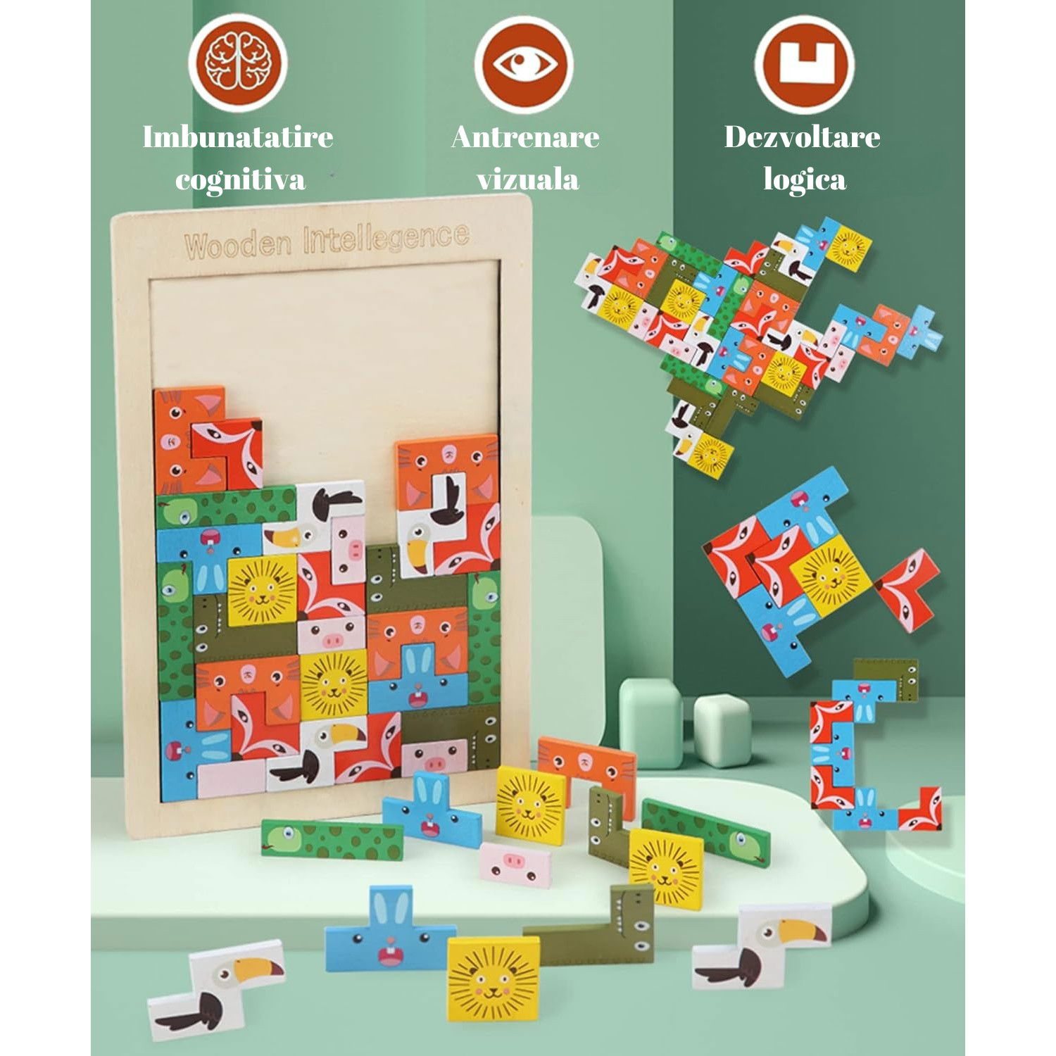 Puzzle din Lemn Flippy, Tip Tetris, +4 Ani, cu Animale Colorate 3D, 40 Piese, Multicolor [7]