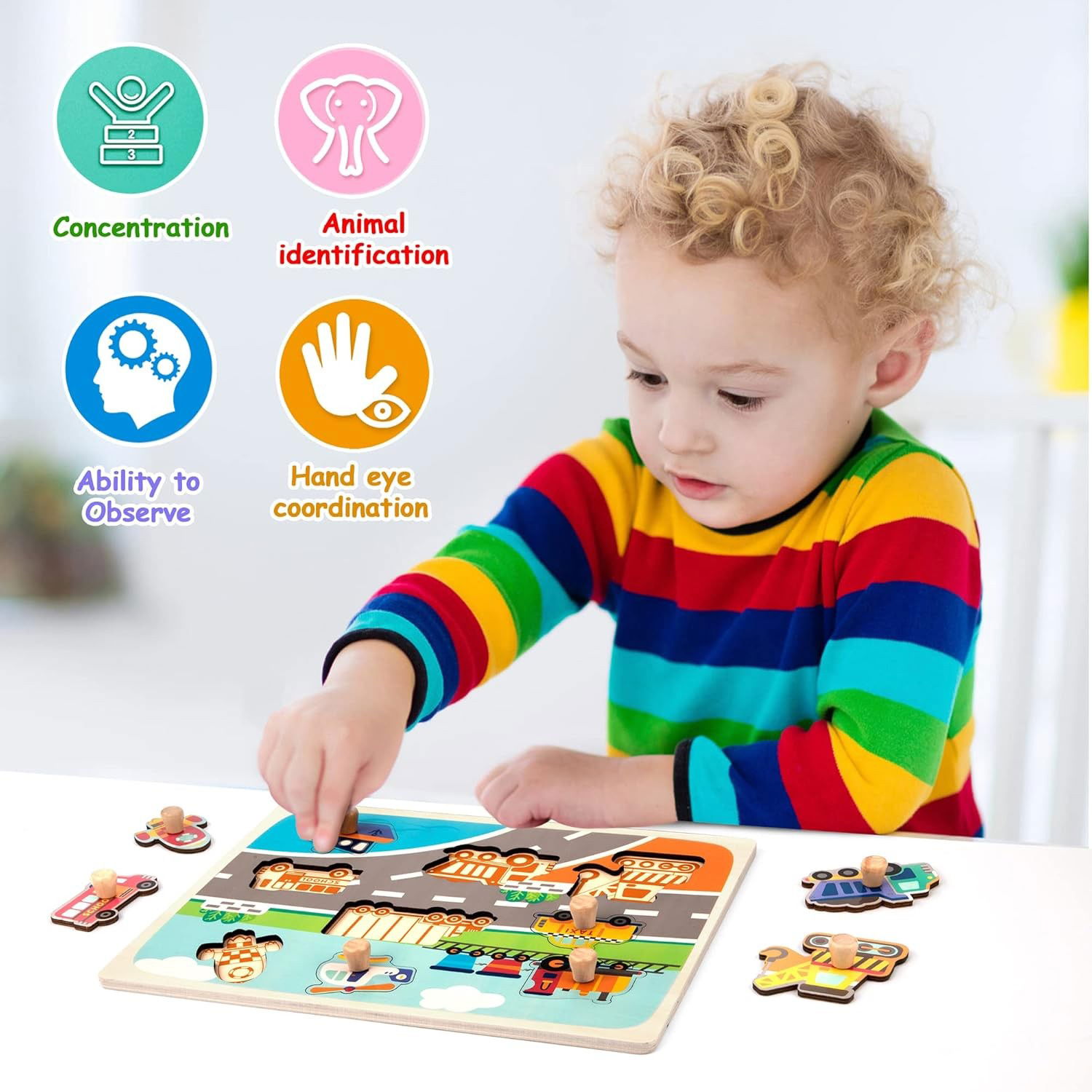 Puzzle Montessori din Lemn pentru Copii, Flippy, 0-3 Ani, 3D, Model Transporturi, Educativ, Intuitiv, Creativ, 9 Piese, 30x22.5x0.8 cm, Multicolor [7]