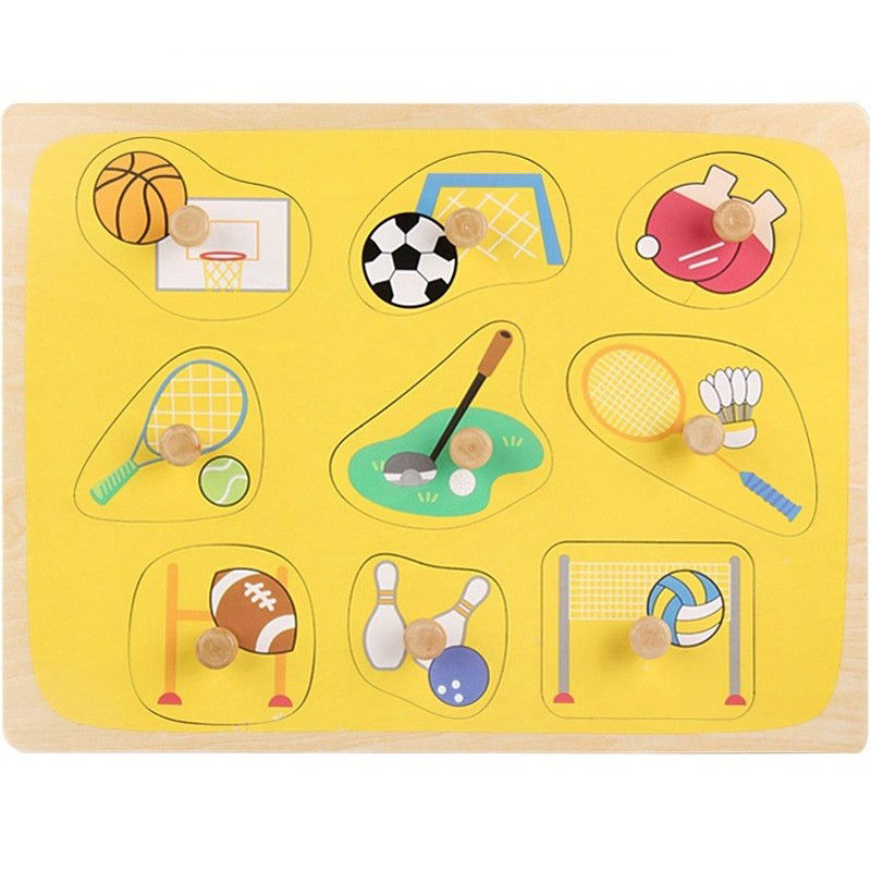 Jucarii educative - Puzzle Montessori din Lemn pentru Copii, Flippy, 0-3 Ani, 3D, Model Sporturi, Educativ, Intuitiv, Creativ, 9 Piese, 30x22.5x0.8 cm, Multicolor