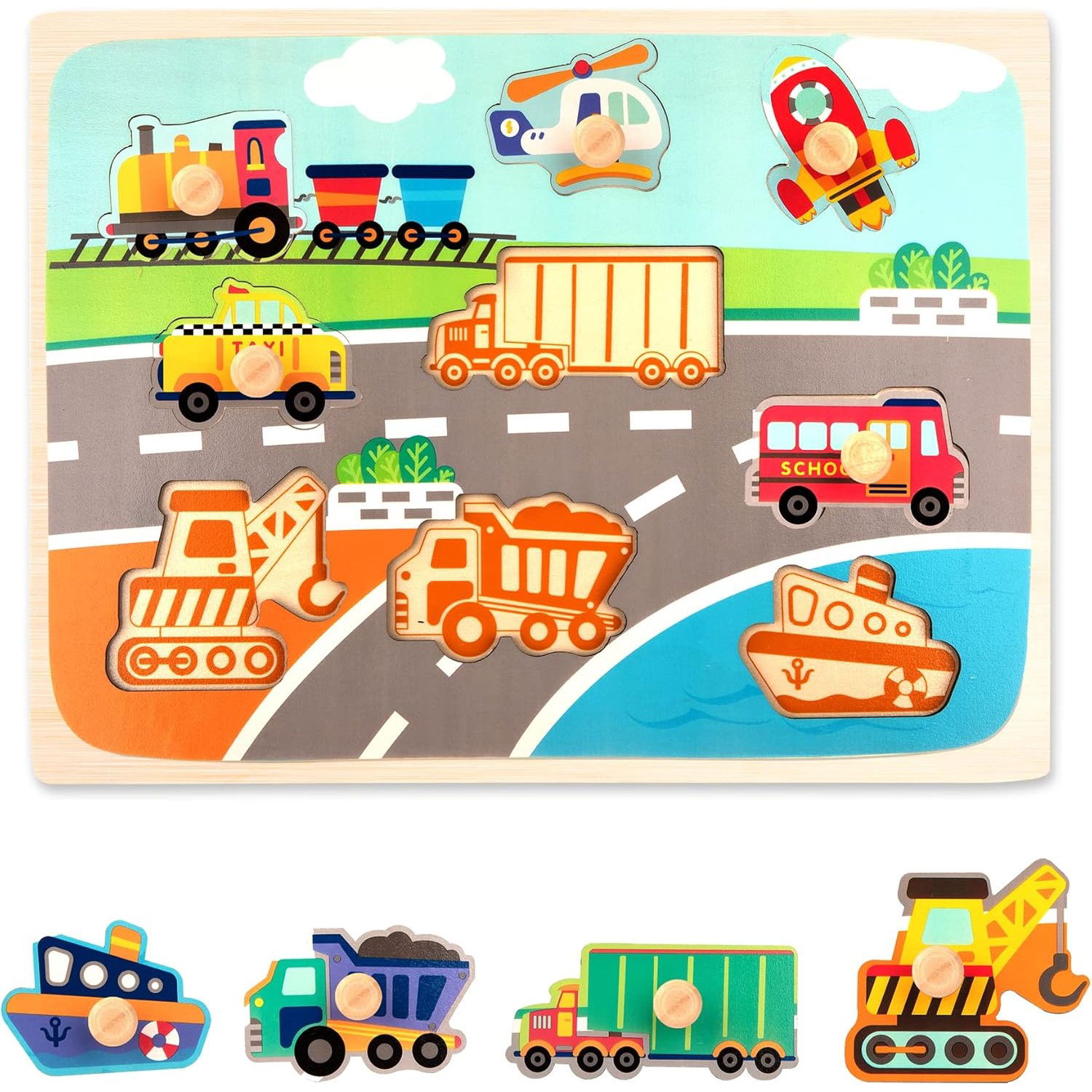 Jucarii educative - Puzzle Montessori din Lemn pentru Copii, Flippy, 0-3 Ani, 3D, Model Transporturi, Educativ, Intuitiv, Creativ, 9 Piese, 30x22.5x0.8 cm, Multicolor