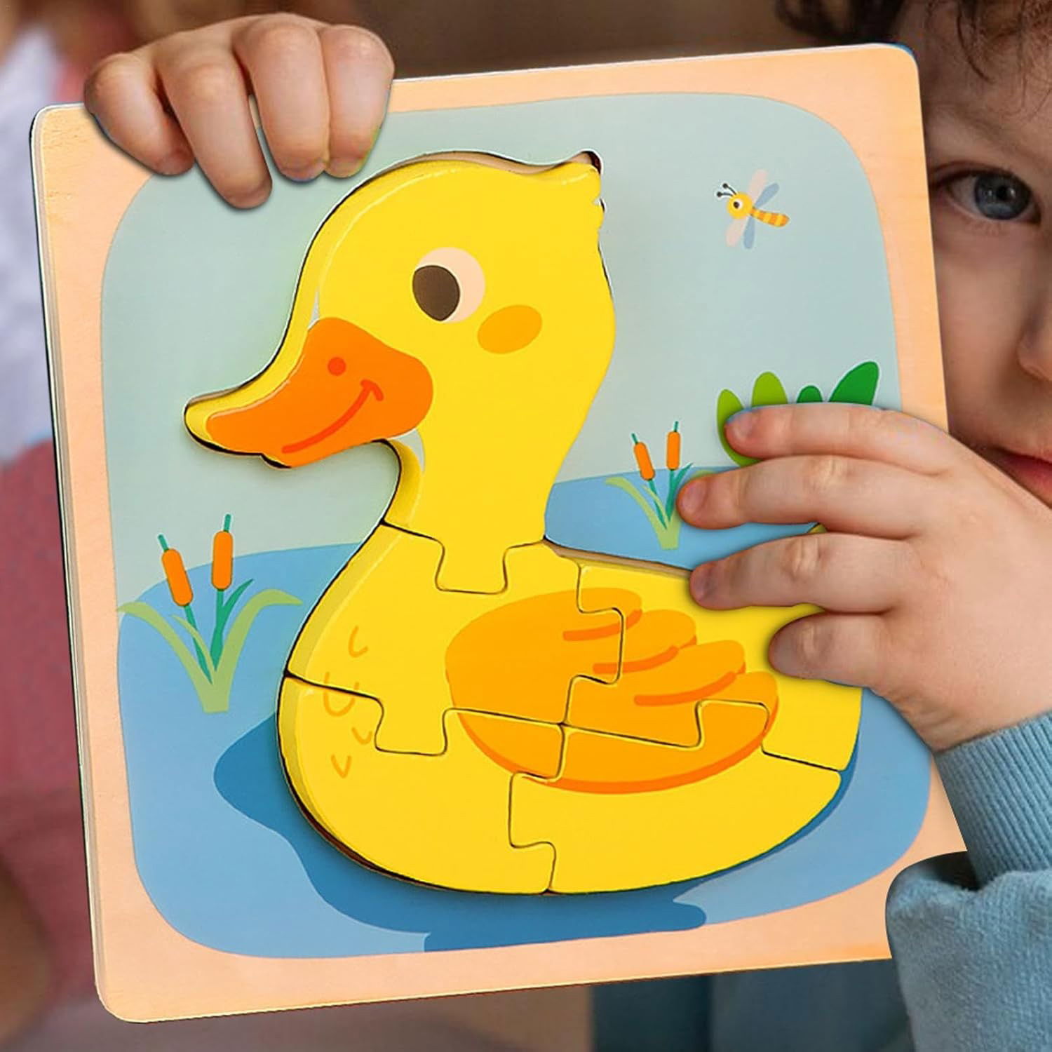 Puzzle Montessori din Lemn pentru Copii, Flippy, 3D, 0-3 Ani, Model Ratusca, Educativ, Intuitiv, Creativ, 5 Piese, 15x15x0.5 cm, Multicolor [5]