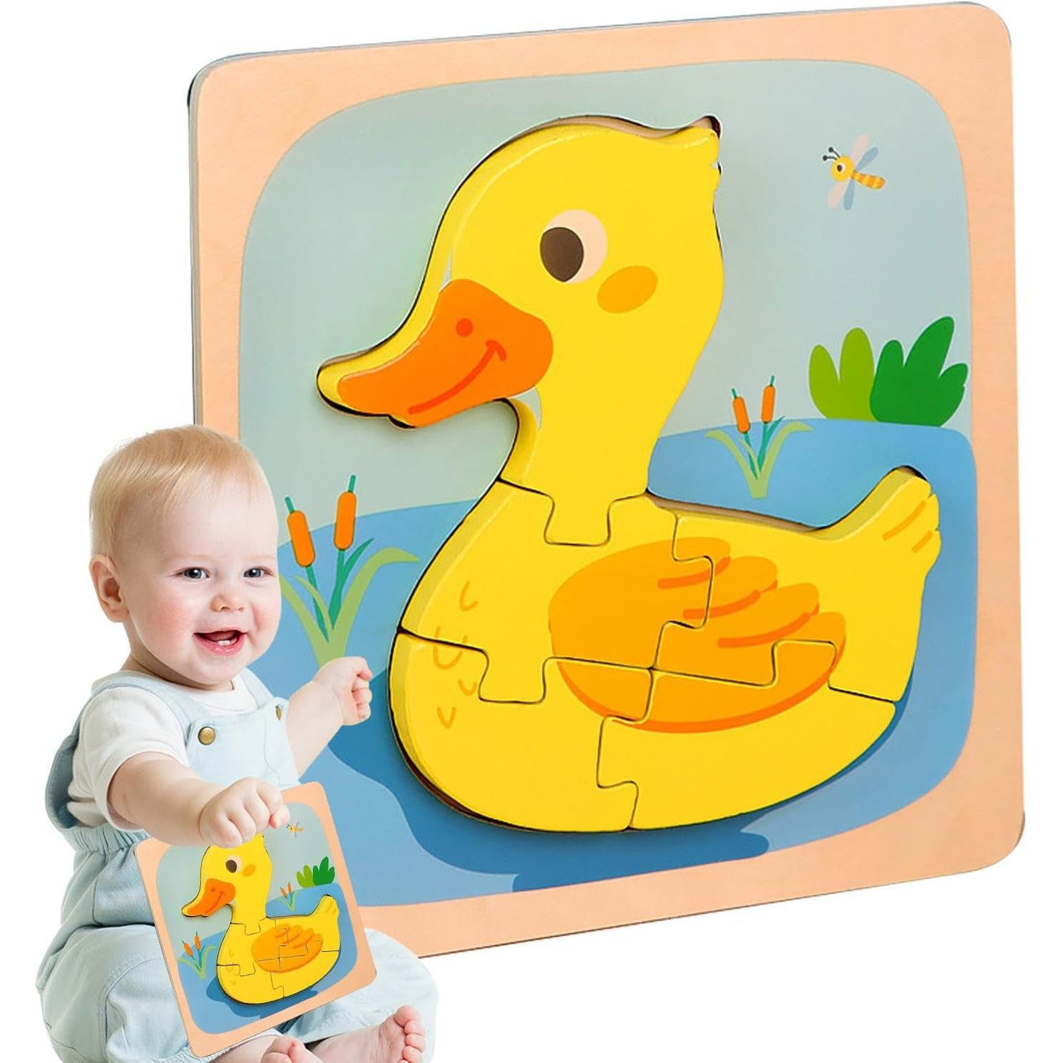 Puzzle Montessori din Lemn pentru Copii, Flippy, 3D, 0-3 Ani, Model Ratusca, Educativ, Intuitiv, Creativ, 5 Piese, 15x15x0.5 cm, Multicolor [4]