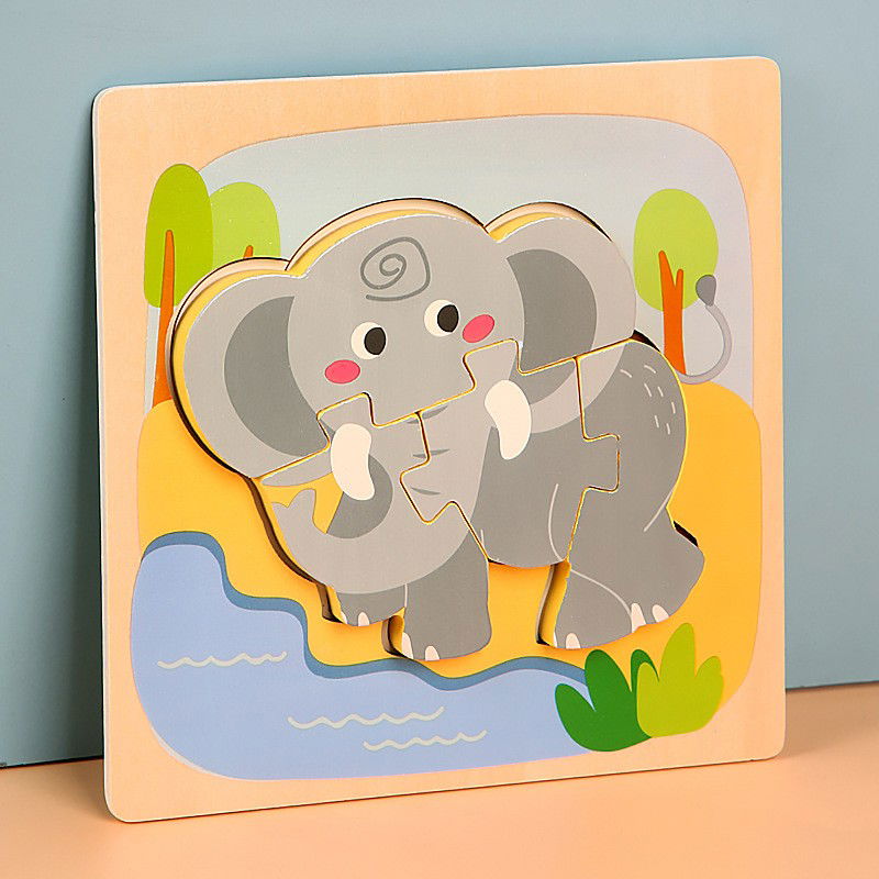 Puzzle Montessori din Lemn pentru Copii, Flippy, 3D, 0-3 Ani, Model Elefant, Educativ, Intuitiv, Creativ, 4 Piese, 15x15x0.5 cm, Multicolor [3]