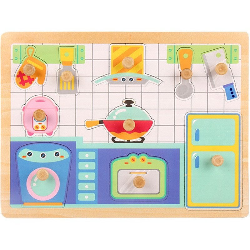 Jucarii educative - Puzzle Montessori din Lemn pentru Copii, Flippy, 3D, 0-3 Ani, Model Bucatarie, Educativ, Intuitiv, Creativ, 10 Piese, 30x22.5x0.8 cm, Multicolor