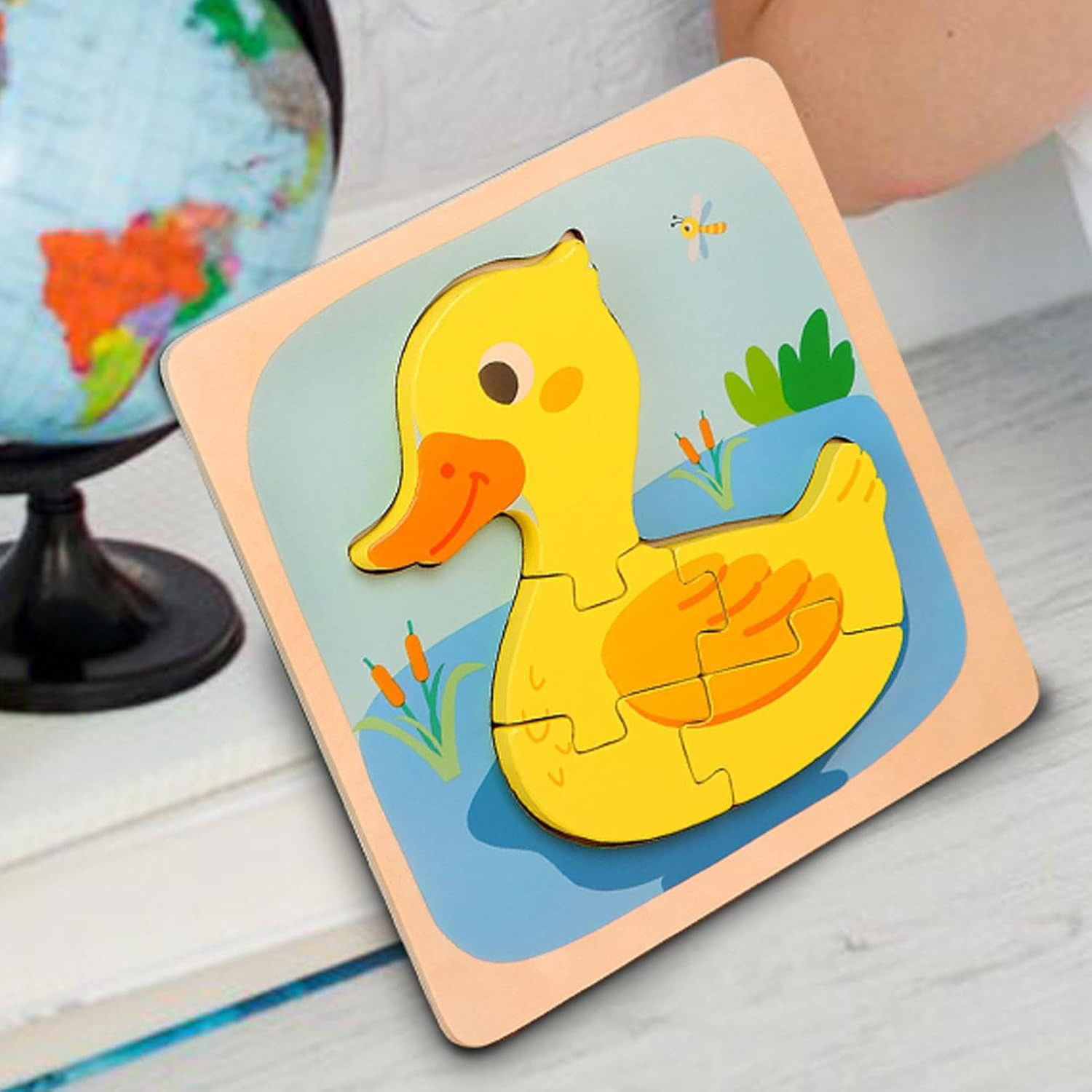 Puzzle Montessori din Lemn pentru Copii, Flippy, 3D, 0-3 Ani, Model Ratusca, Educativ, Intuitiv, Creativ, 5 Piese, 15x15x0.5 cm, Multicolor [8]