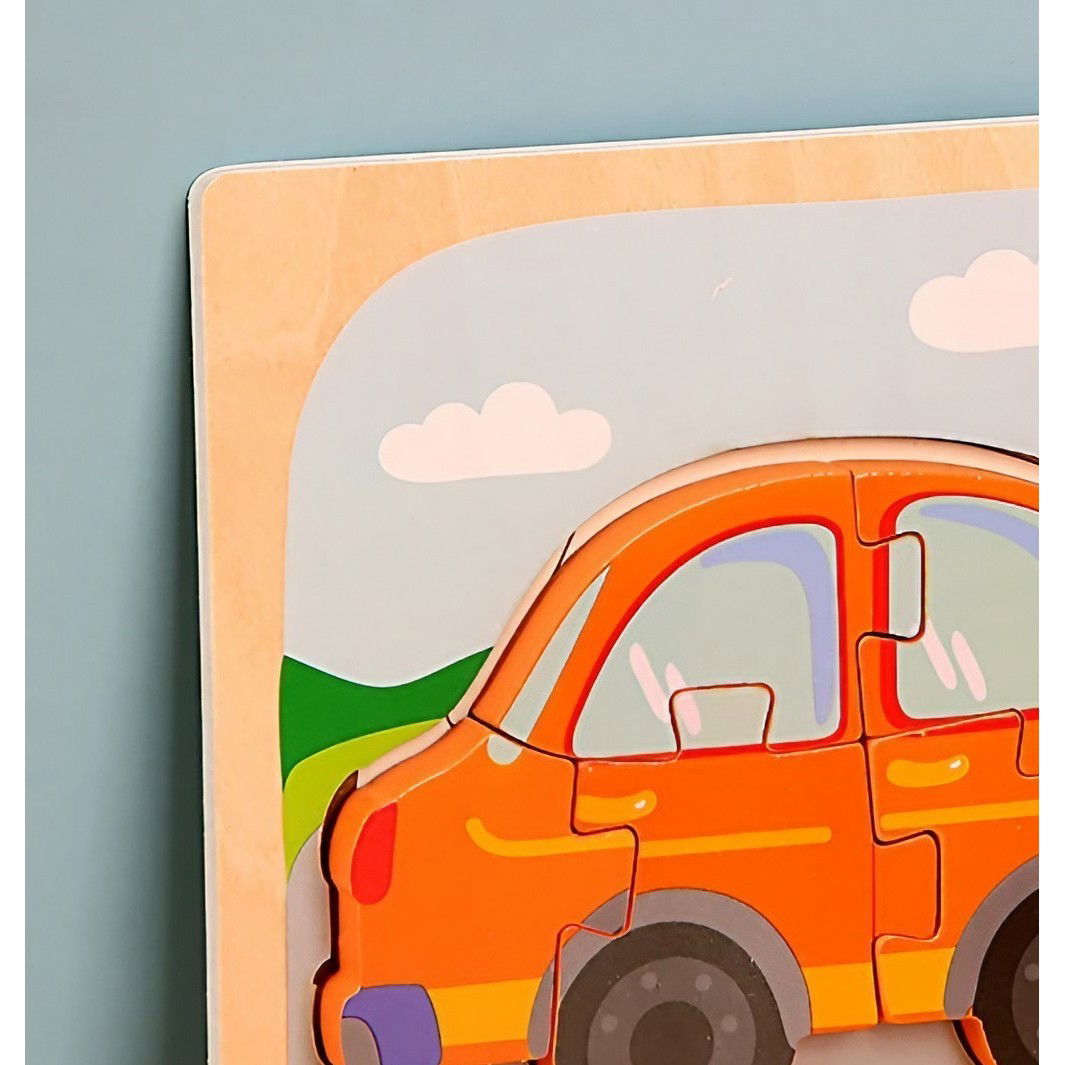 Puzzle Montessori din Lemn pentru Copii, Flippy, 3D, 0-3 Ani, Model Masina, Educativ, Intuitiv, Creativ, 5 Piese, 15x15x0.5 cm, Multicolor [4]