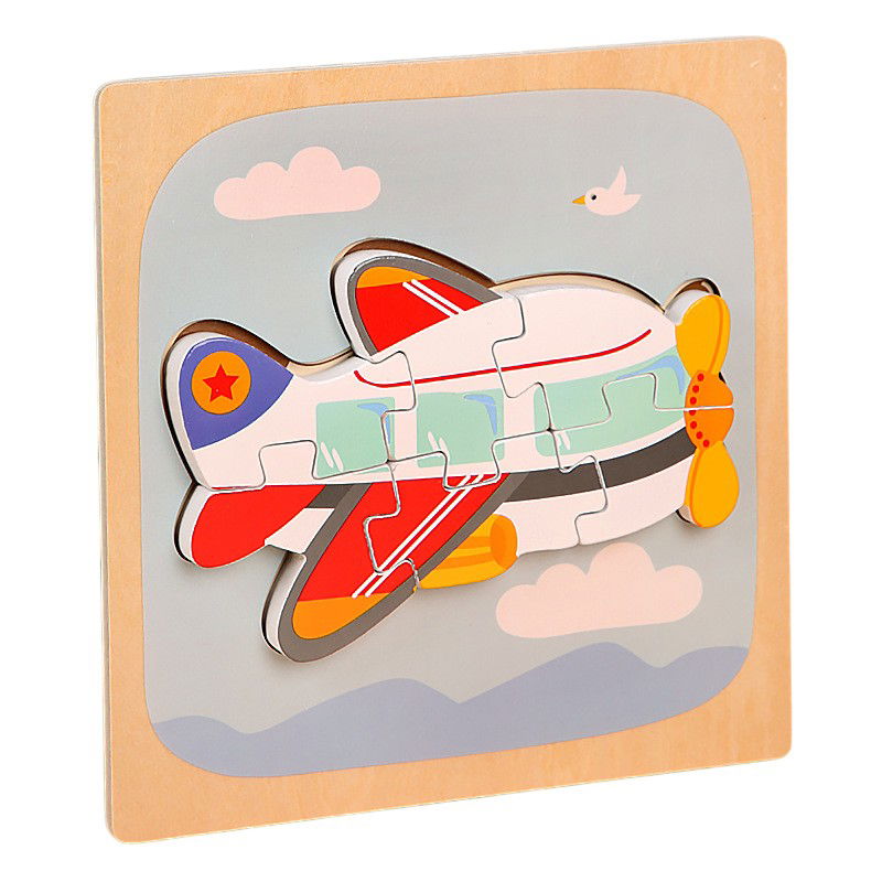 Jucarii educative - Puzzle Montessori din Lemn pentru Copii, Flippy, 3D, 0-3 Ani, Model Avion, Educativ, Intuitiv, Creativ, 6 Piese, 15x15x0.5 cm, Multicolor