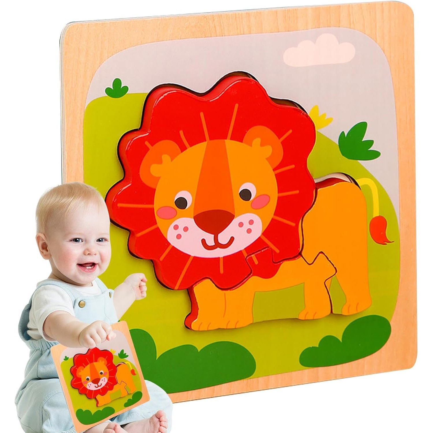 Puzzle Montessori din Lemn pentru Copii, Flippy, 3D, 0-3 Ani, Model Leu, Educativ, Intuitiv, Creativ, 3 Piese, 15x15x0.5 cm, Multicolor [5]