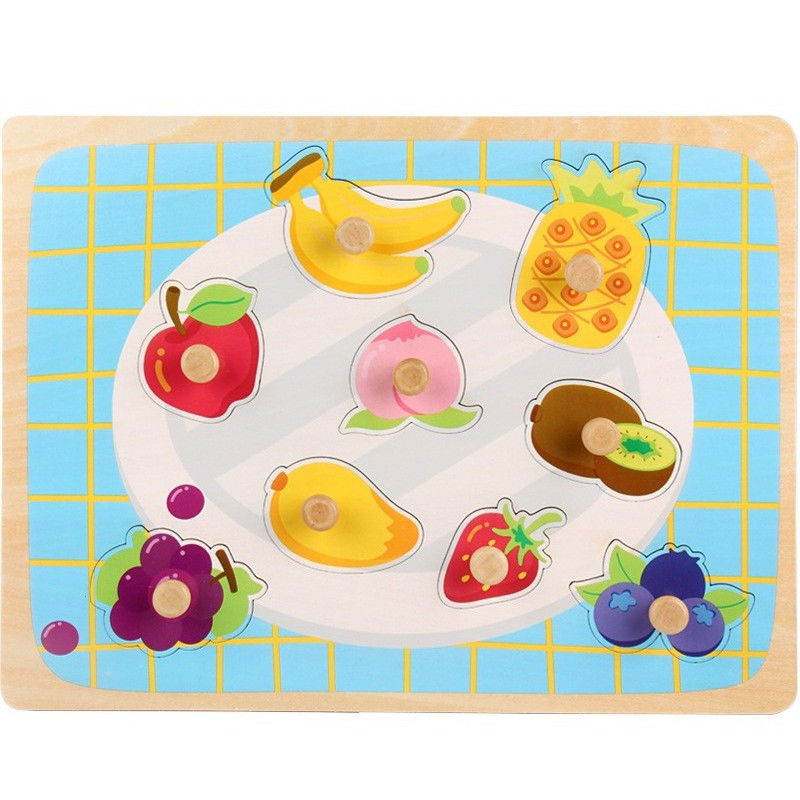 Jucarii educative - Puzzle Montessori din Lemn pentru Copii, Flippy, 3D, 0-3 Ani, Model Fructe, Educativ, Intuitiv, Creativ, 9 Piese, 30x22.5x0.8 cm, Multicolor