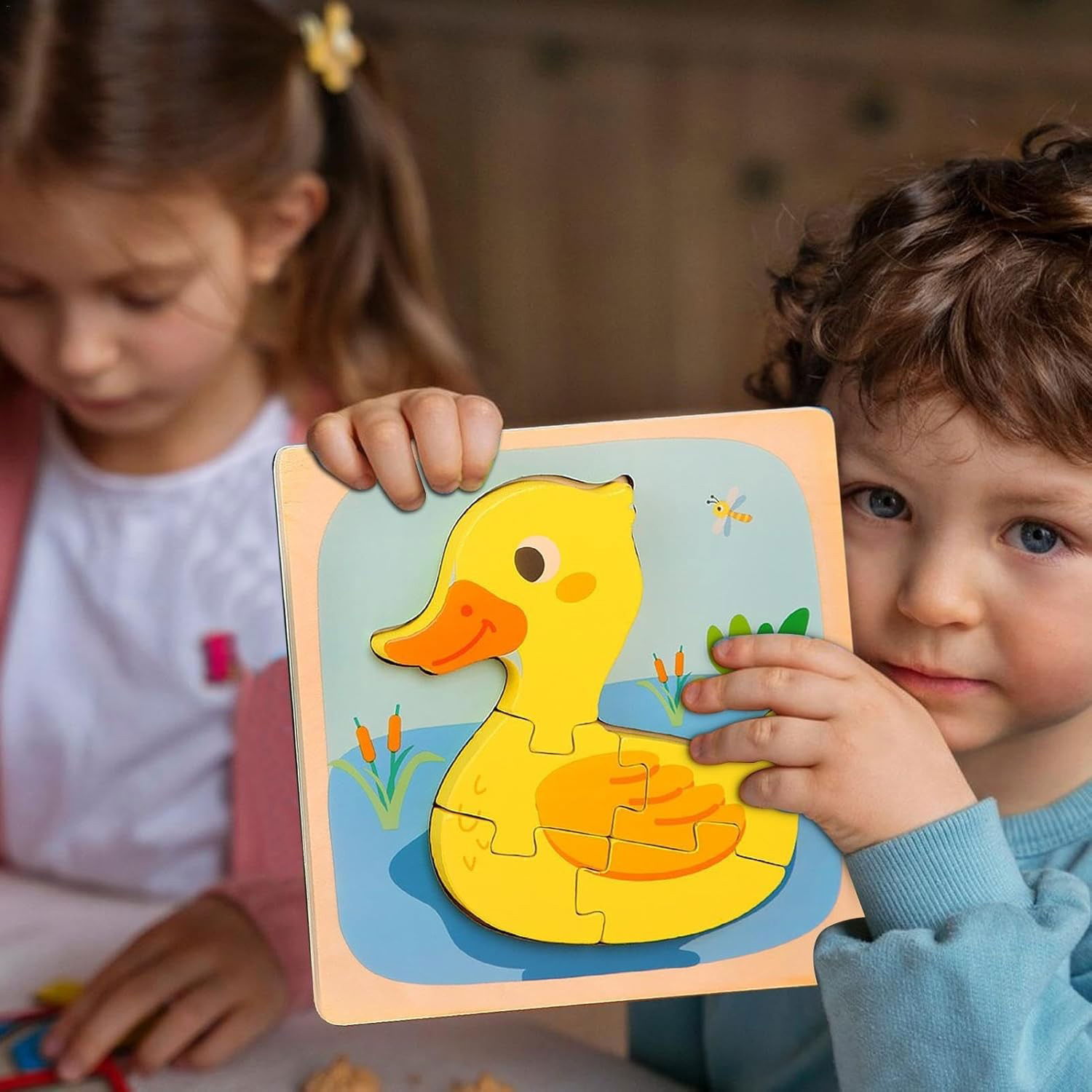 Puzzle Montessori din Lemn pentru Copii, Flippy, 3D, 0-3 Ani, Model Ratusca, Educativ, Intuitiv, Creativ, 5 Piese, 15x15x0.5 cm, Multicolor [9]