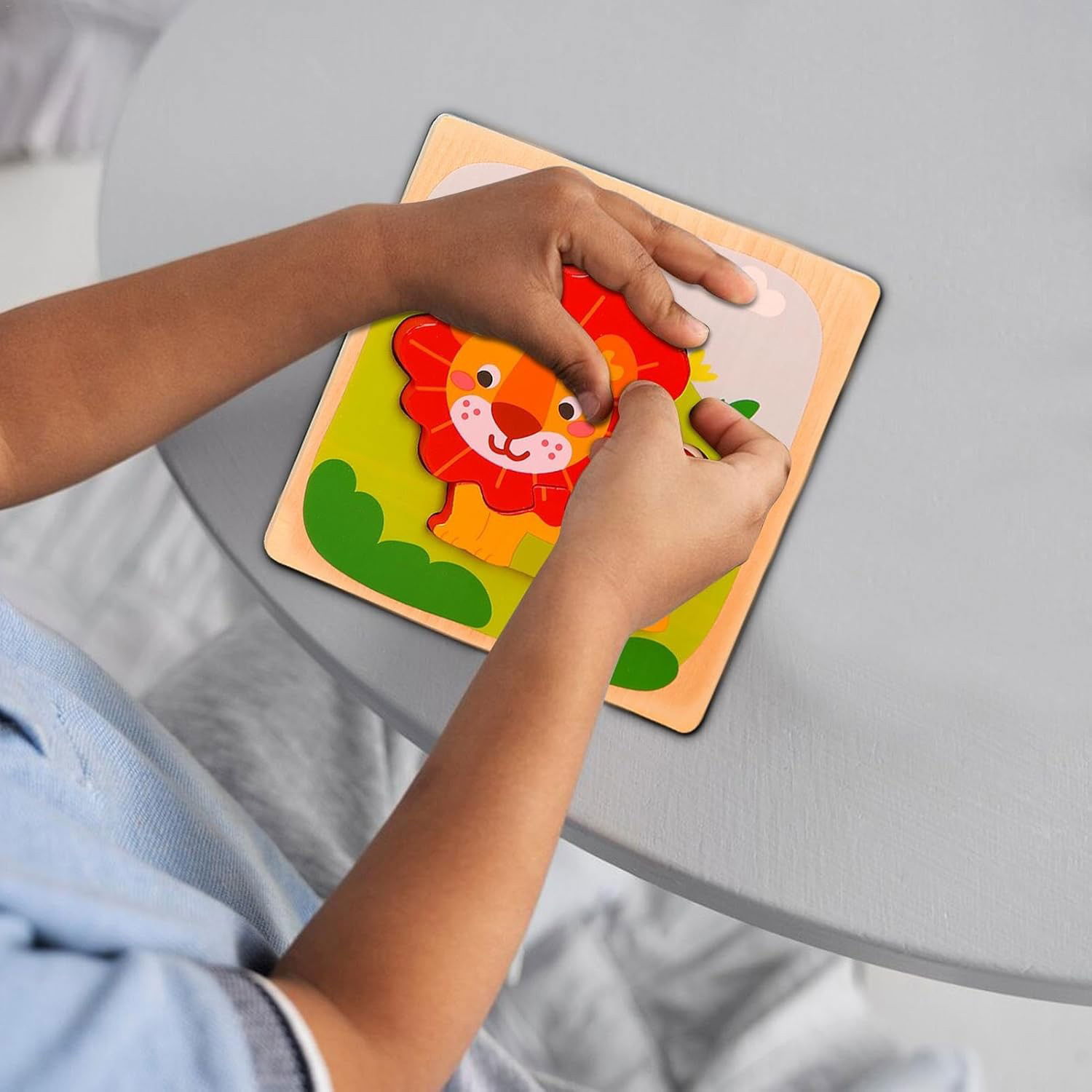 Puzzle Montessori din Lemn pentru Copii, Flippy, 3D, 0-3 Ani, Model Leu, Educativ, Intuitiv, Creativ, 3 Piese, 15x15x0.5 cm, Multicolor [8]