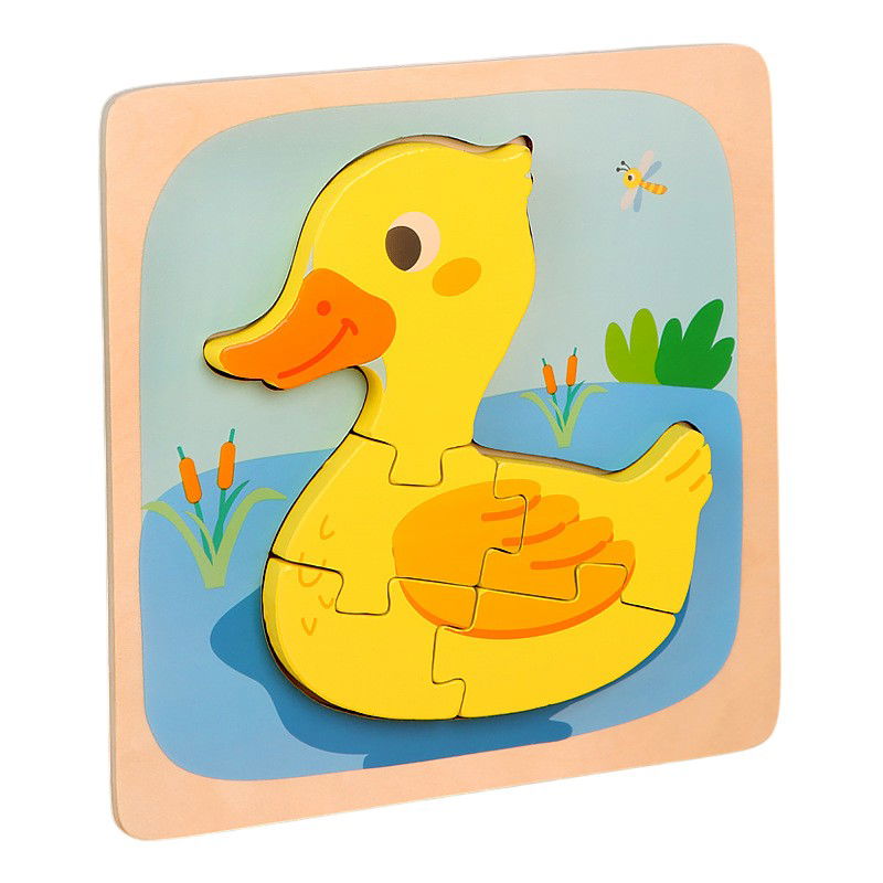 Jucarii educative - Puzzle Montessori din Lemn pentru Copii, Flippy, 3D, 0-3 Ani, Model Ratusca, Educativ, Intuitiv, Creativ, 5 Piese, 15x15x0.5 cm, Multicolor