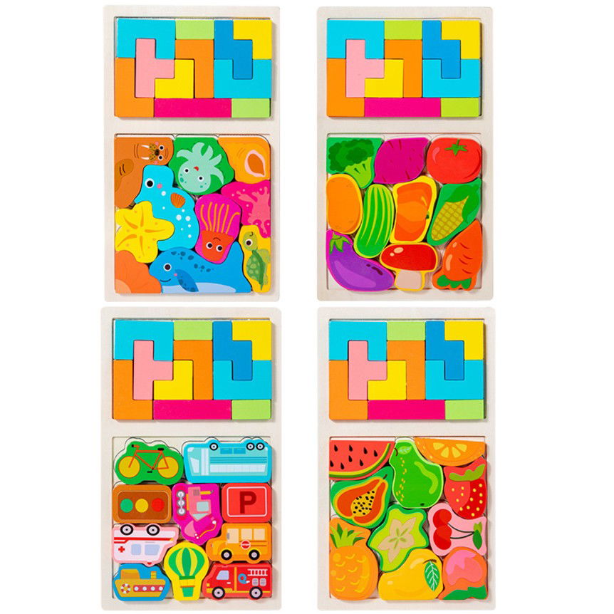 Puzzle Montessori din Lemn pentru Copii, Flippy, Tip Tetris 2in1 +3 Ani, cu Legume Colorate 3D, Educativ, Intuitiv, Creativ, 21 de Piese, 28.5x17x1.2 cm, Multicolor [4]