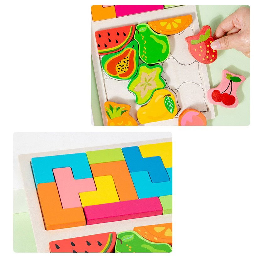 Puzzle Montessori din Lemn pentru Copii, Flippy, Tip Tetris 2in1 +3 Ani, cu Fructe Colorate 3D, Educativ, Intuitiv, Creativ, 21 de Piese, 28.5x17x1.2 cm, Multicolor [9]