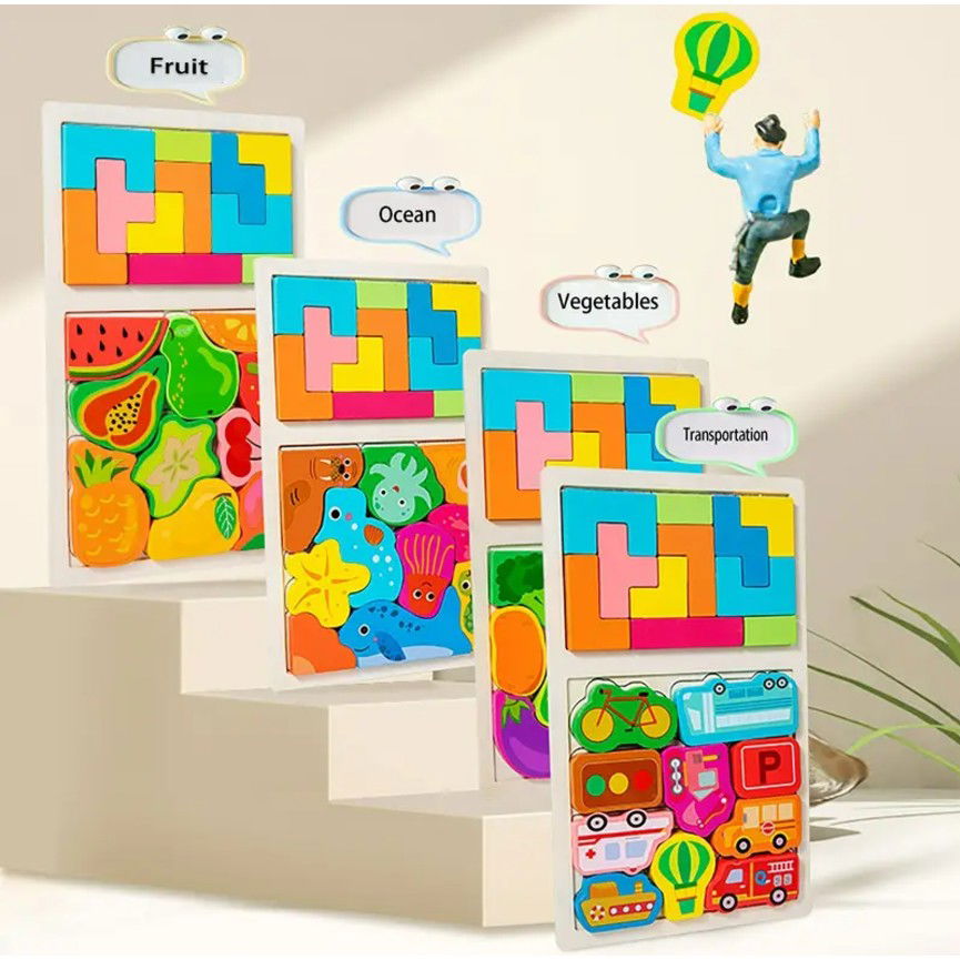 Puzzle Montessori din Lemn pentru Copii, Flippy, Tip Tetris 2in1 +3 Ani, cu Legume Colorate 3D, Educativ, Intuitiv, Creativ, 21 de Piese, 28.5x17x1.2 cm, Multicolor [3]