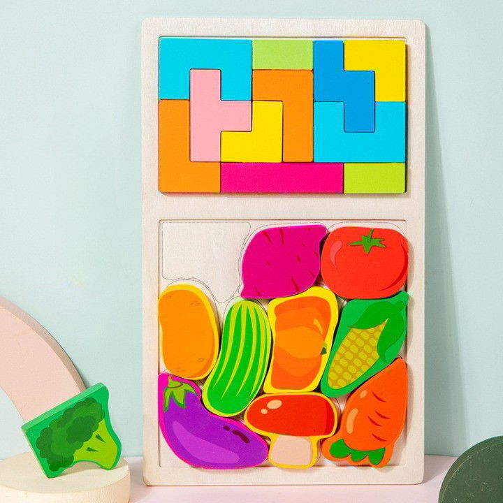 Puzzle Montessori din Lemn pentru Copii, Flippy, Tip Tetris 2in1 +3 Ani, cu Legume Colorate 3D, Educativ, Intuitiv, Creativ, 21 de Piese, 28.5x17x1.2 cm, Multicolor [6]