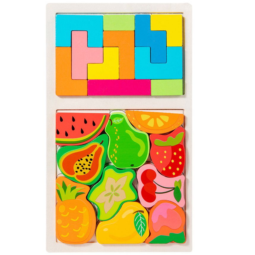Jucarii educative - Puzzle Montessori din Lemn pentru Copii, Flippy, Tip Tetris 2in1 +3 Ani, cu Fructe Colorate 3D, Educativ, Intuitiv, Creativ, 21 de Piese, 28.5x17x1.2 cm, Multicolor