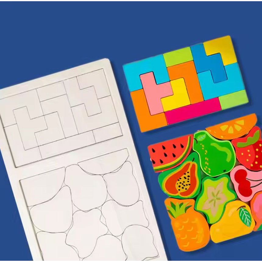 Puzzle Montessori din Lemn pentru Copii, Flippy, Tip Tetris 2in1 +3 Ani, cu Fructe Colorate 3D, Educativ, Intuitiv, Creativ, 21 de Piese, 28.5x17x1.2 cm, Multicolor [7]