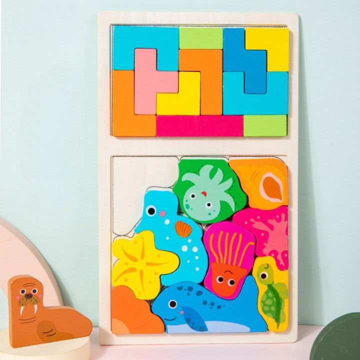 Puzzle Montessori din Lemn pentru Copii, Flippy, Tip Tetris 2in1 +3 Ani, cu Animale Marine Colorate 3D, Educativ, Intuitiv, Creativ, 21 de Piese, 28.5x17x1.2 cm, Multicolor [5]