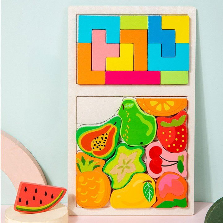 Puzzle Montessori din Lemn pentru Copii, Flippy, Tip Tetris 2in1 +3 Ani, cu Fructe Colorate 3D, Educativ, Intuitiv, Creativ, 21 de Piese, 28.5x17x1.2 cm, Multicolor [8]