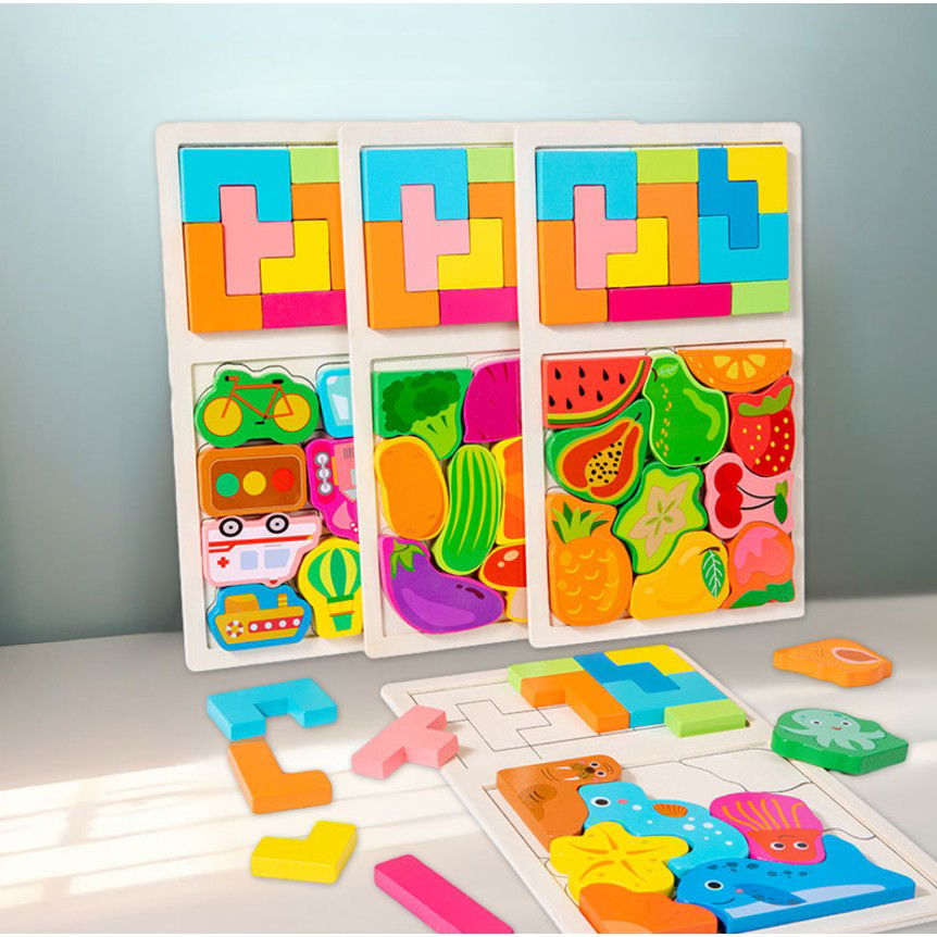 Puzzle Montessori din Lemn pentru Copii, Flippy, Tip Tetris 2in1 +3 Ani, cu Fructe Colorate 3D, Educativ, Intuitiv, Creativ, 21 de Piese, 28.5x17x1.2 cm, Multicolor [5]