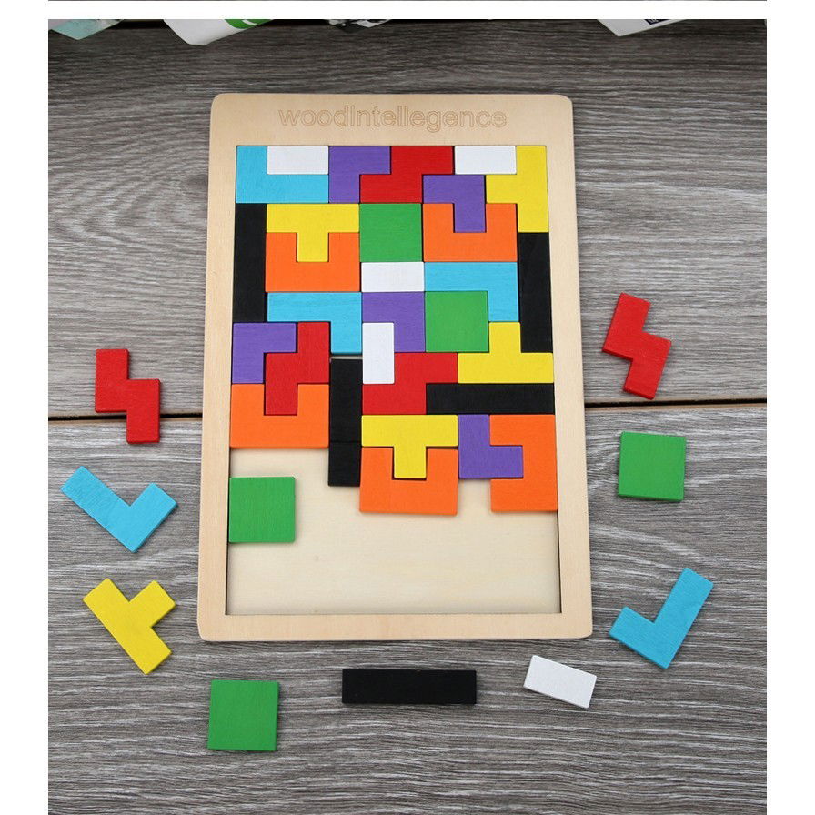 Jucarii din lemn - Puzzle Montessori, Flippy, din Lemn, Tip Tetris, +36 Luni, Forme Neregulate, 40 Piese, 26.5 x 17.7 cm, Multicolor