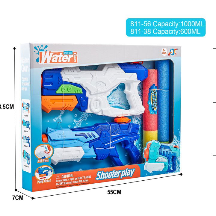 Pistoale cu apa - Set 2x Pistol cu Apa pentru Copii, Rezervor, Pentru Piscina/Plaja, Flippy, 6ani+, Alb/Albastru + Albastru, 1000 ML + 600 ML