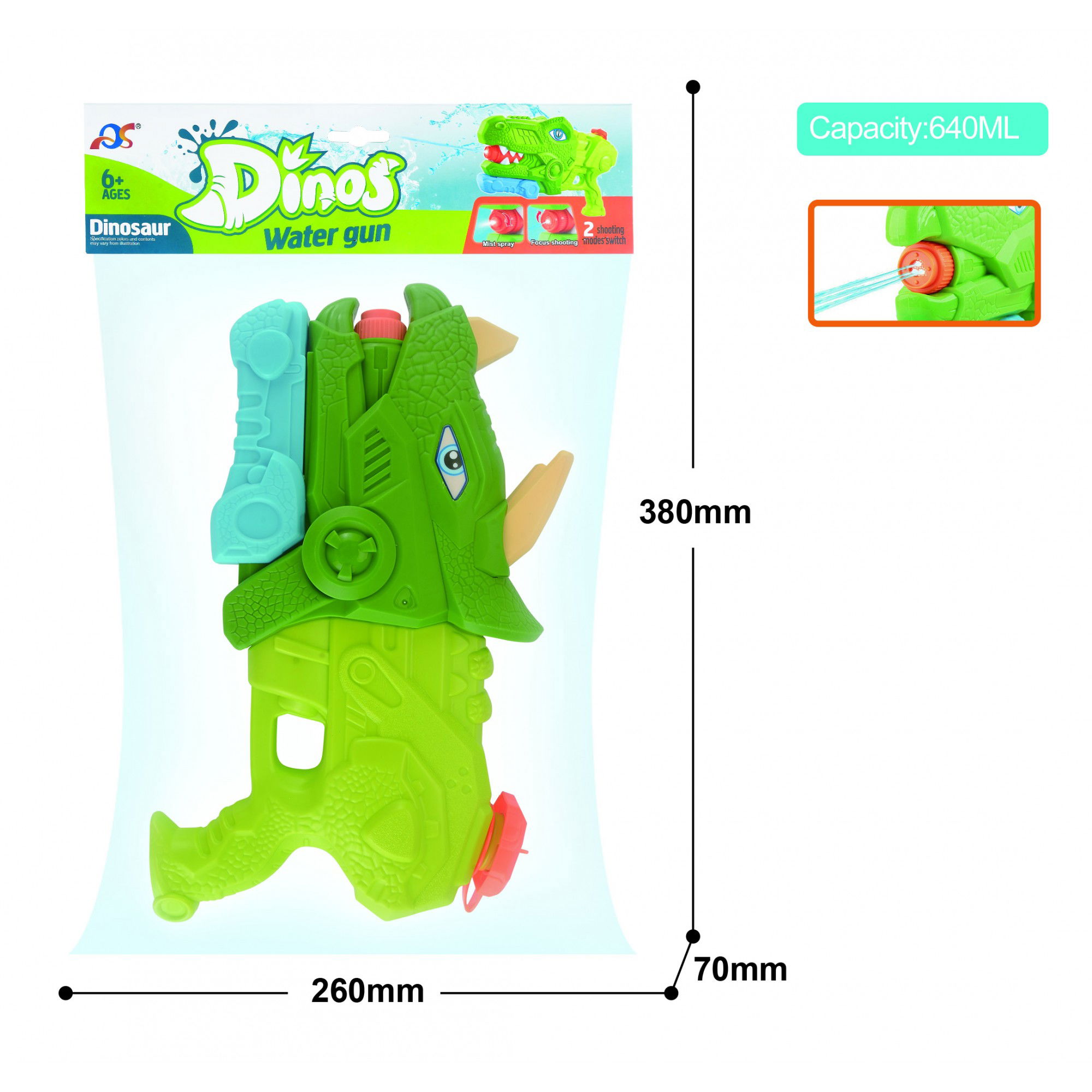 Pistoale cu apa - Pistol cu Apa pentru Copii, Rezervor, Pentru Piscina/Plaja, Flippy, 6ani+, Triceratops, 3 duze, Verde, 640ML