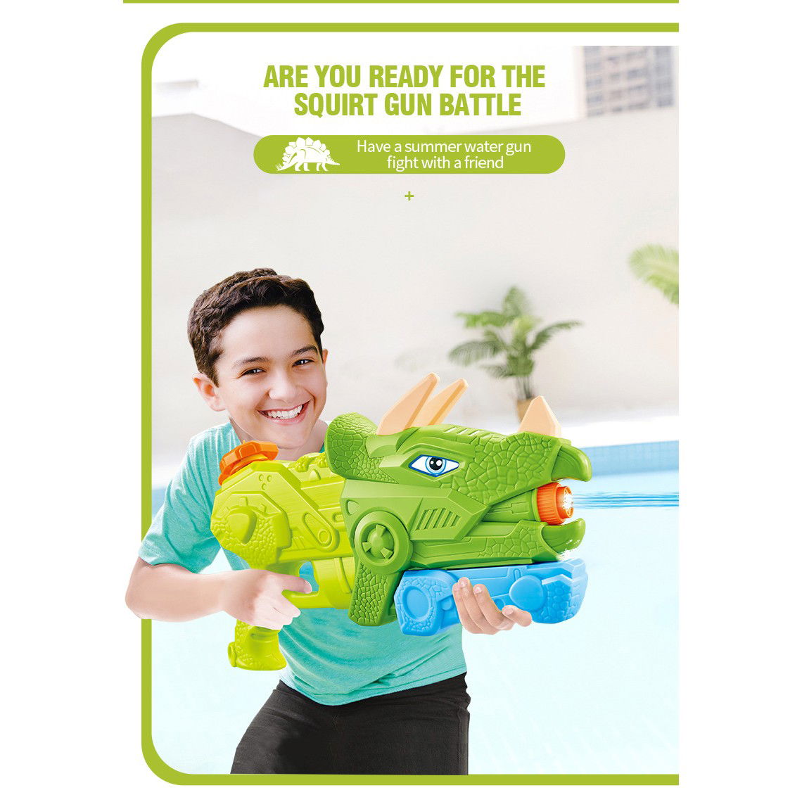 Pistol cu Apa pentru Copii, Rezervor, Pentru Piscina/Plaja, Flippy, 6ani+, Triceratops, 3 duze, Verde, 640ML [3]