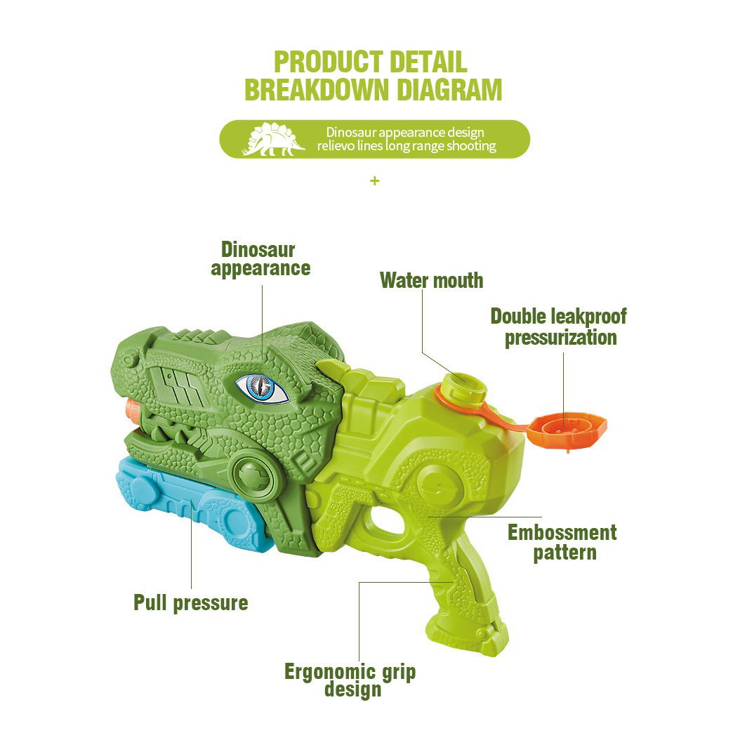 Pistol cu Apa pentru Copii, Rezervor, Pentru Piscina/Plaja, Flippy, 6ani+, Tiranozaur, 3 duze, Verde, 660ML [3]