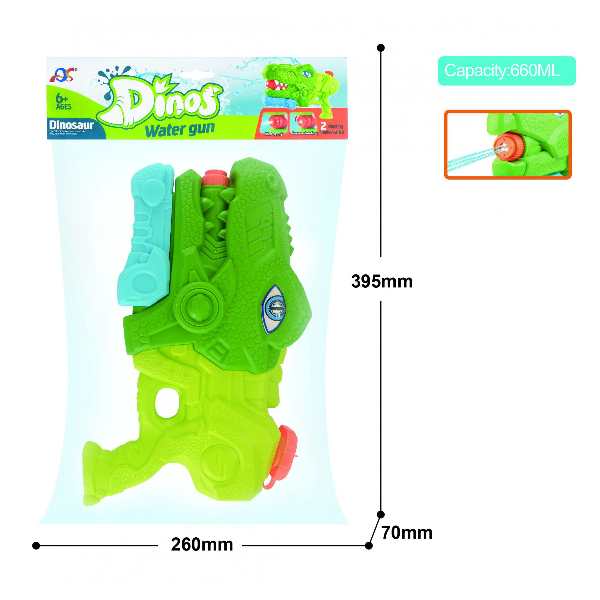 Pistoale cu apa - Pistol cu Apa pentru Copii, Rezervor, Pentru Piscina/Plaja, Flippy, 6ani+, Tiranozaur, 3 duze, Verde, 660ML