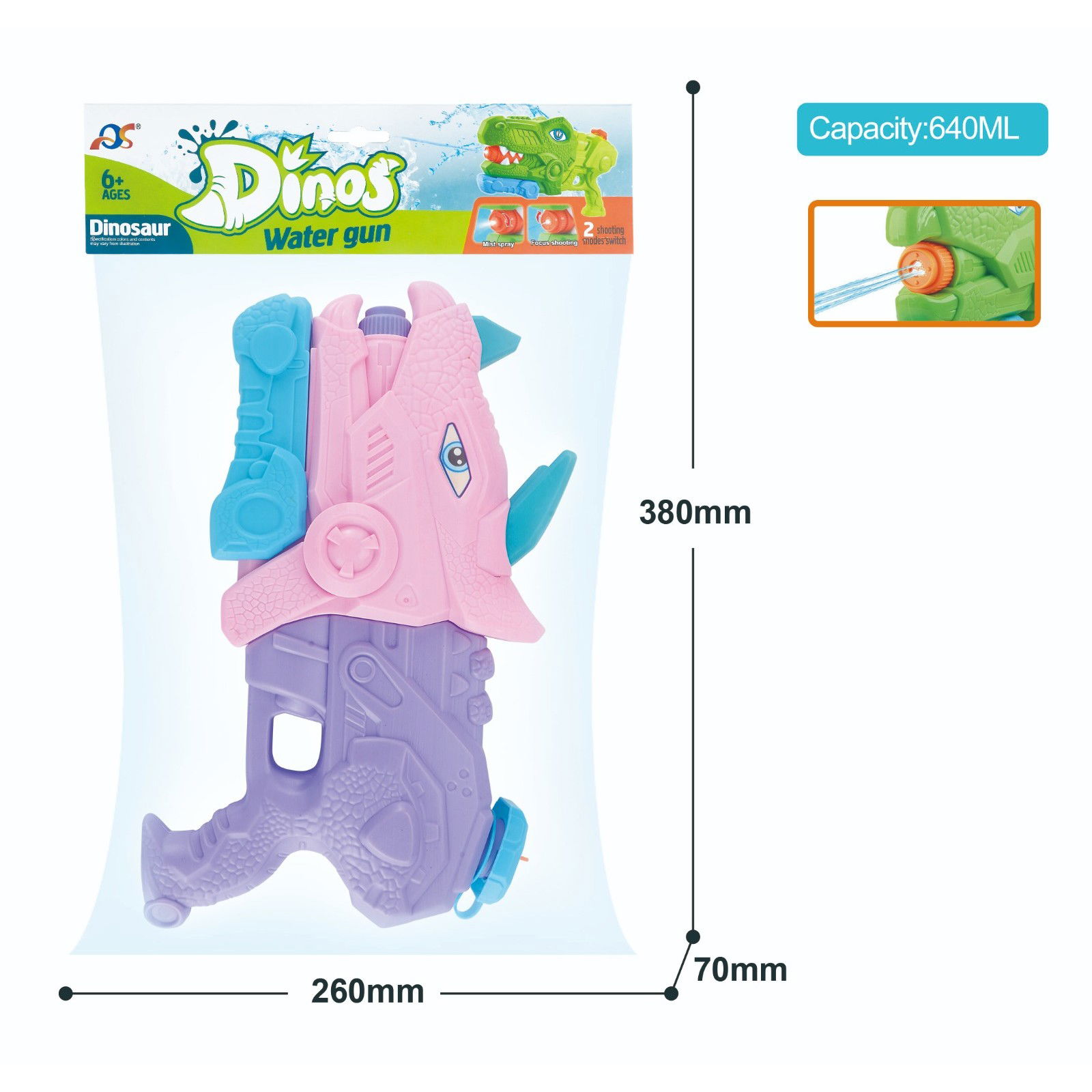 Pistol cu Apa pentru Copii, Rezervor, Pentru Piscina/Plaja, Flippy, 6ani+, Triceratops, 3 duze, Roz, 640ML [4]