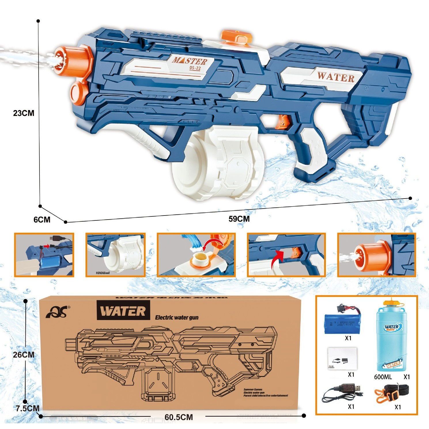 Pistol cu Apa pentru Copii, Rezervor 600ml, Flippy, 14ani+, cu baterie 1500mAh, Electric Burst, Albastru/Alb, 1000ML [3]