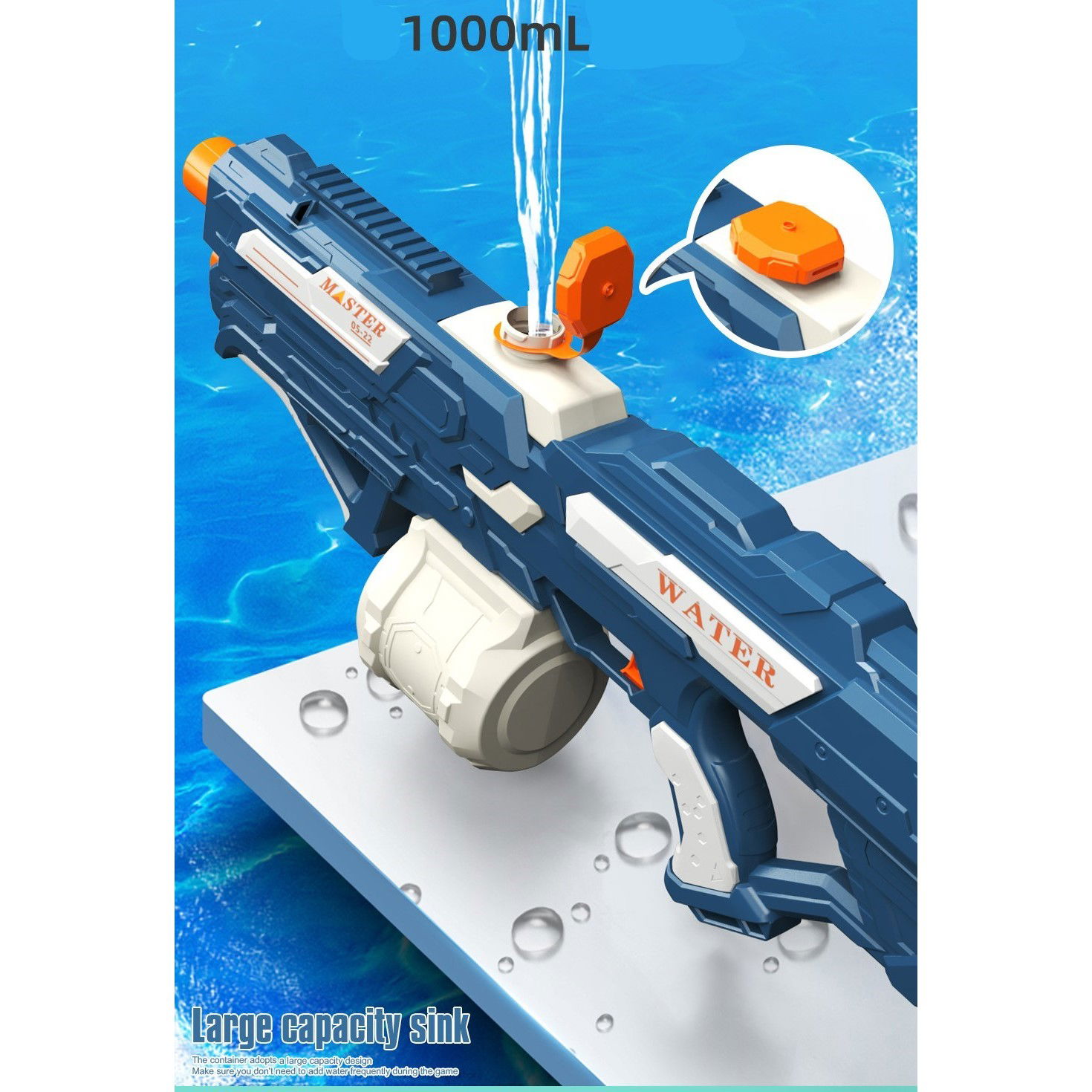 Pistol cu Apa pentru Copii, Rezervor 600ml, Flippy, 14ani+, cu baterie 1500mAh, Electric Burst, Albastru/Alb, 1000ML [7]