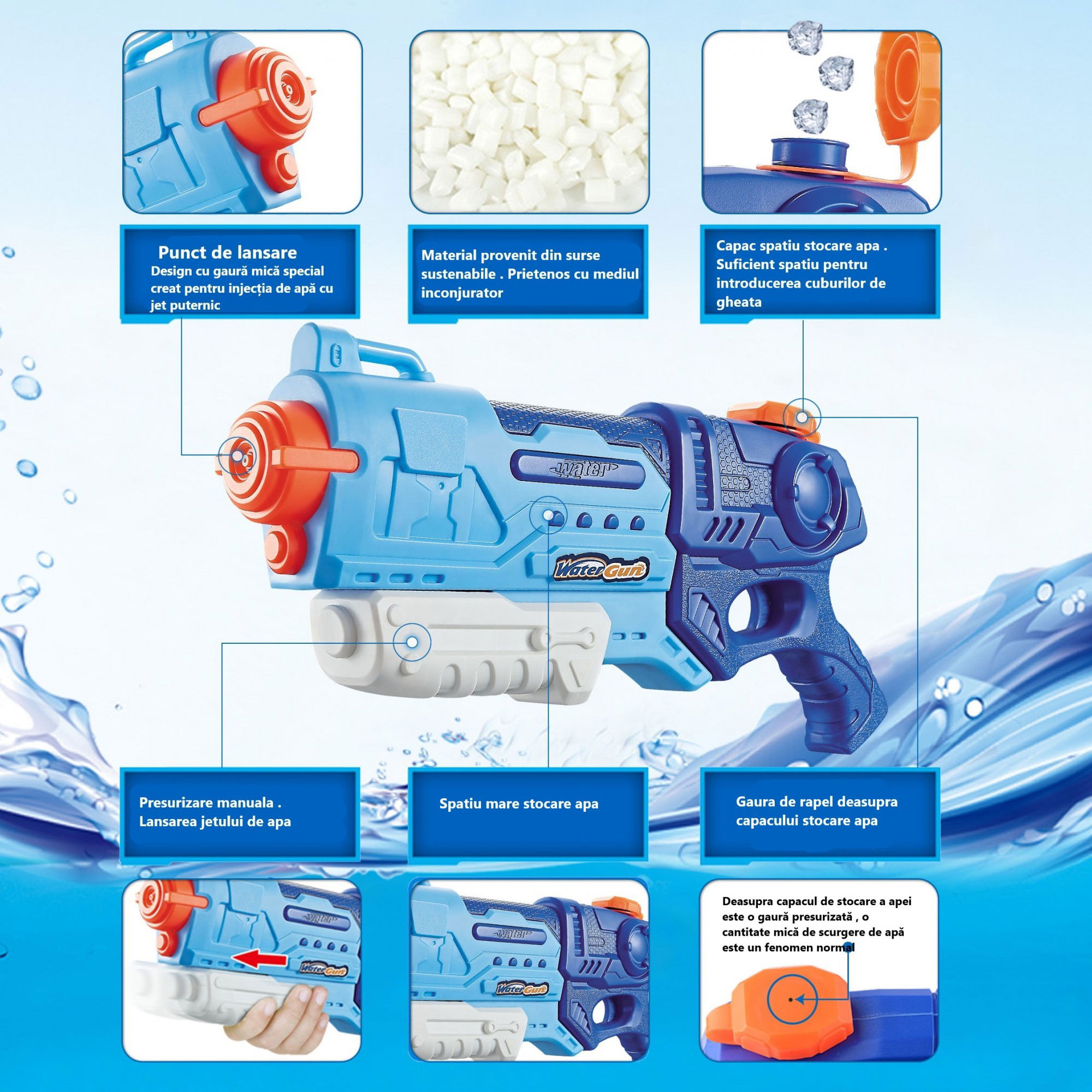 Pistol cu Apa pentru Copii, Rezervor, Pentru Piscina/Plaja, Flippy, 6ani+, Albastru, 990ML [4]