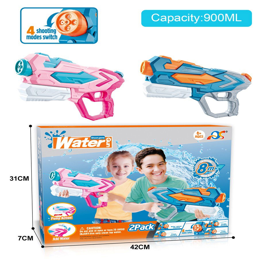 Pistoale cu apa - Set 2x Pistol cu Apa pentru Copii, Rezervor, Pentru Piscina/Plaja, Flippy, 6ani+, Roz + Albastru, 4 duze, 900 ML