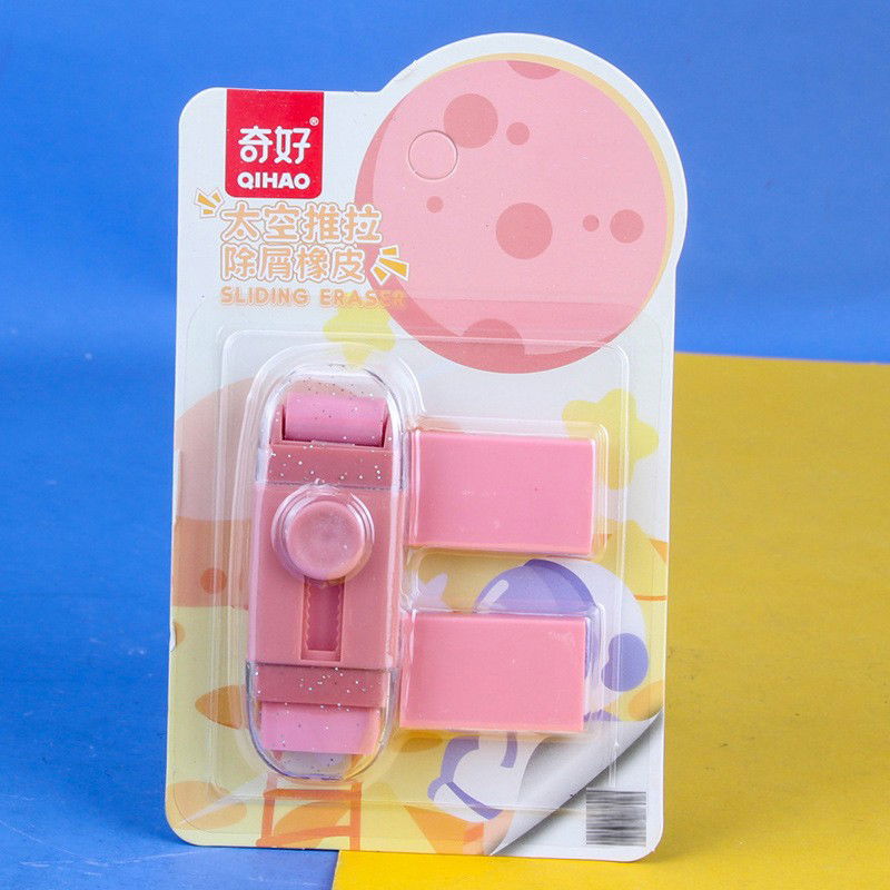 10 - 25 LEI - Radiera Retractabila, Flippy, Model Astronaut Push-Pull pentru elevii, Radiera de tip Push, Doua Radiere de Rezerva in set, Roz